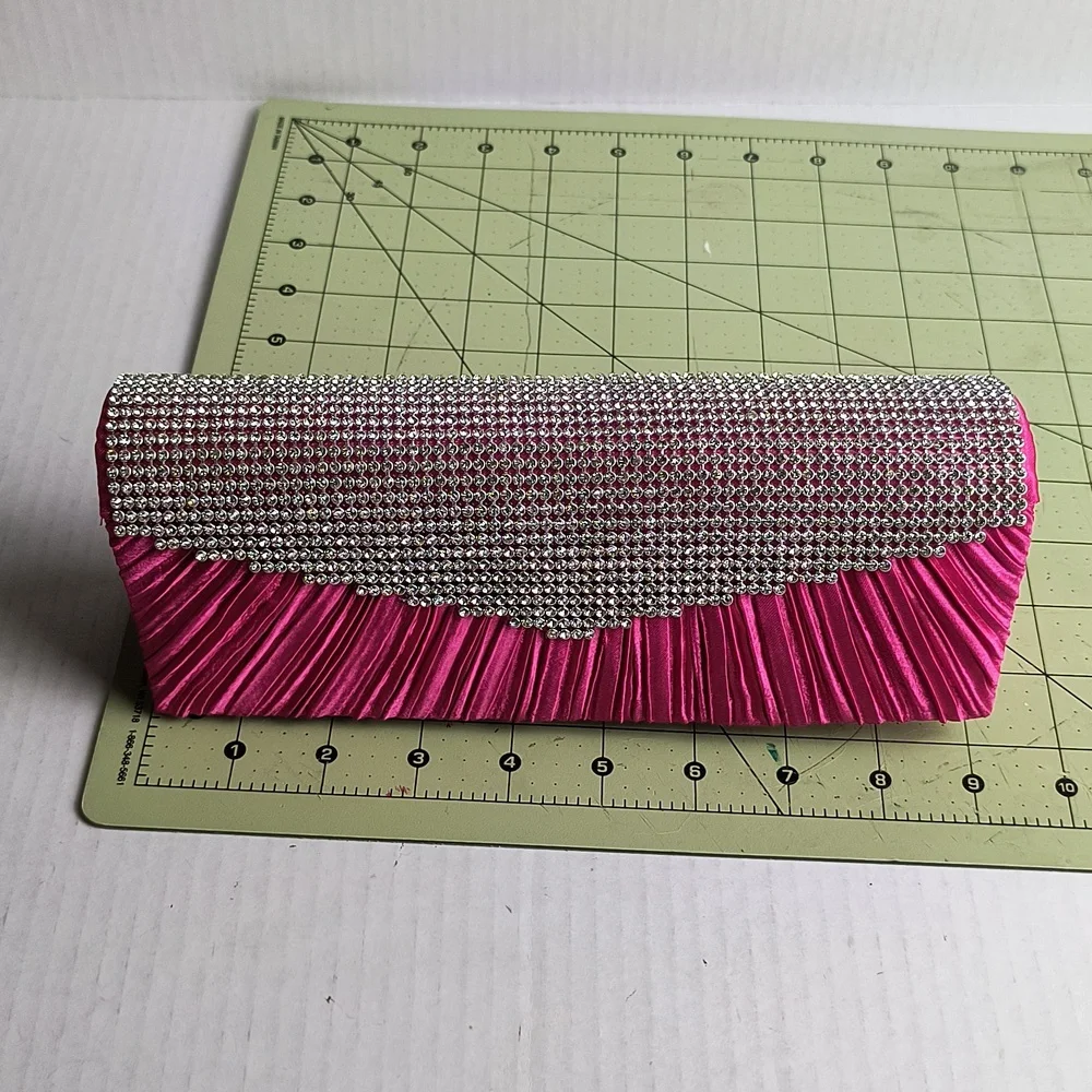 Satin Clutch Bag Faux Rhinestone Plaited Hot Pink Metal Strap Cocktail Party